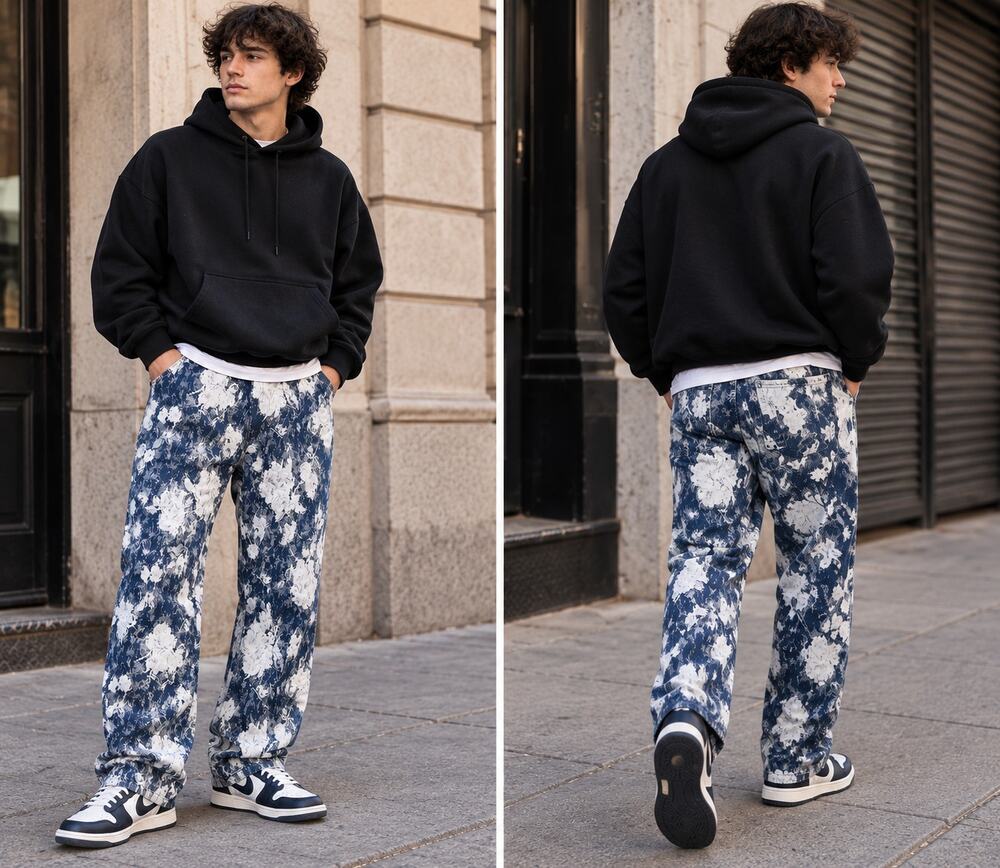 boohooMAN Mens 36R Blue White Floral Tapestry Jacquard Pants Streetwear